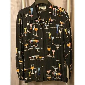 Vintage Nicole Taylor Women XL Silk Black Beaded Wine Themed Button Shirt Blouse